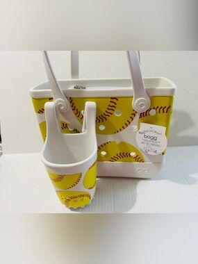 Yellow Bogg bitty bag Baseball Print Tote with Cup Holder BNWT
